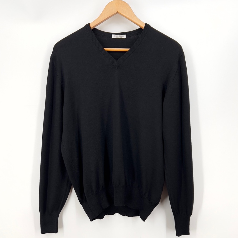 Gran Sasso Mens Virgin Wool V Neck Sweater Black Luxury Italian Knit Pullover